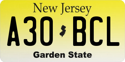 NJ license plate A30BCL
