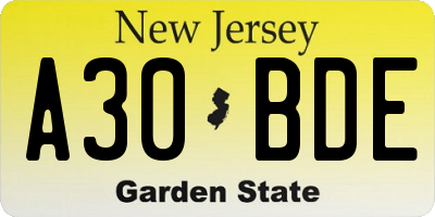 NJ license plate A30BDE