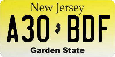 NJ license plate A30BDF