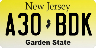 NJ license plate A30BDK
