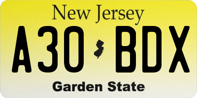 NJ license plate A30BDX