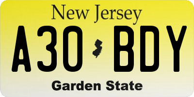 NJ license plate A30BDY