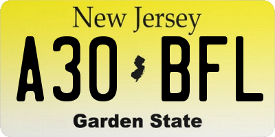NJ license plate A30BFL