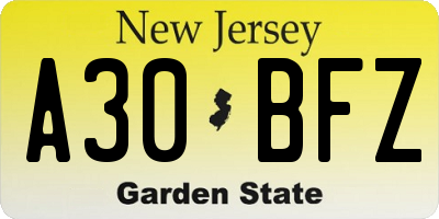NJ license plate A30BFZ