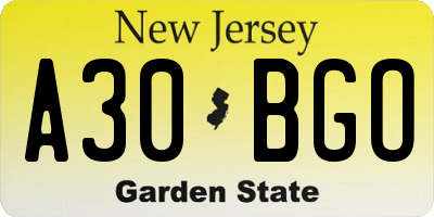 NJ license plate A30BGO