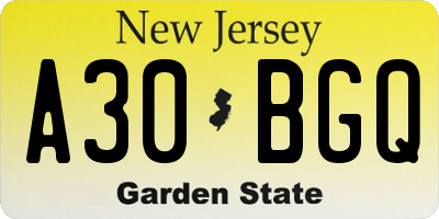 NJ license plate A30BGQ