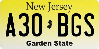 NJ license plate A30BGS