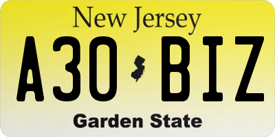 NJ license plate A30BIZ