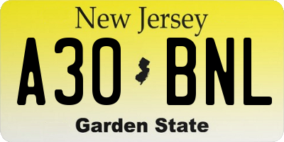 NJ license plate A30BNL