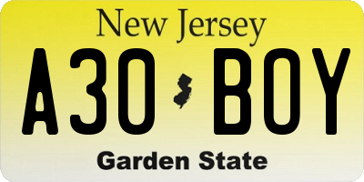 NJ license plate A30BOY