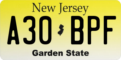 NJ license plate A30BPF