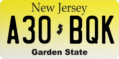 NJ license plate A30BQK