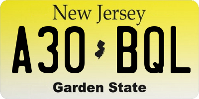NJ license plate A30BQL