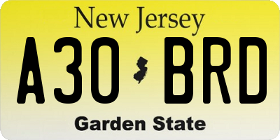 NJ license plate A30BRD
