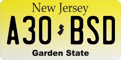 NJ license plate A30BSD