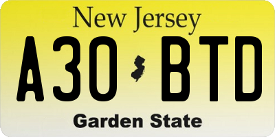 NJ license plate A30BTD
