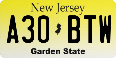 NJ license plate A30BTW