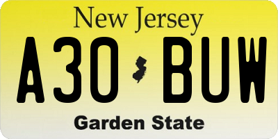NJ license plate A30BUW