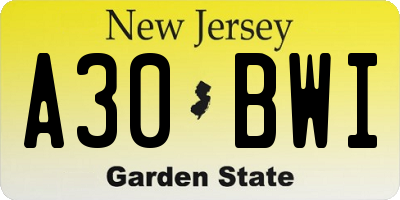NJ license plate A30BWI