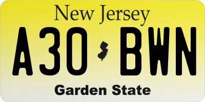 NJ license plate A30BWN