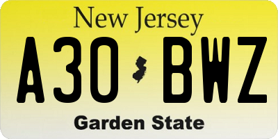 NJ license plate A30BWZ