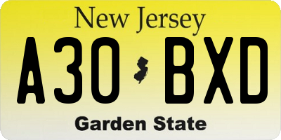 NJ license plate A30BXD
