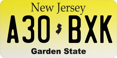 NJ license plate A30BXK
