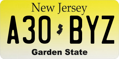 NJ license plate A30BYZ