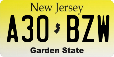 NJ license plate A30BZW