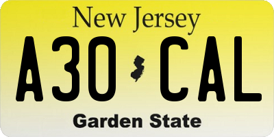 NJ license plate A30CAL