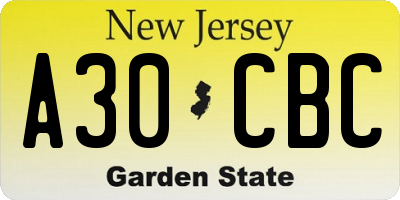NJ license plate A30CBC