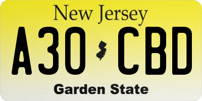 NJ license plate A30CBD