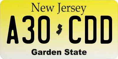 NJ license plate A30CDD