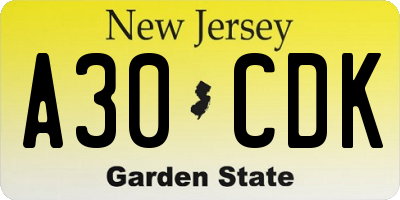 NJ license plate A30CDK