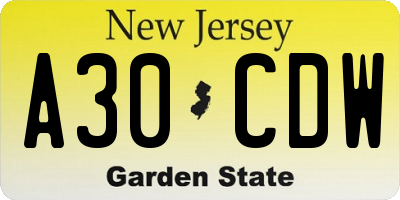 NJ license plate A30CDW