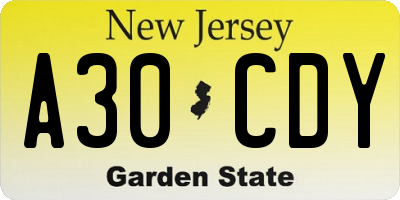 NJ license plate A30CDY