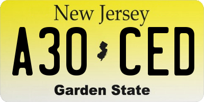 NJ license plate A30CED
