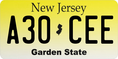 NJ license plate A30CEE