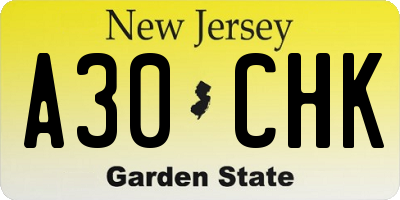 NJ license plate A30CHK
