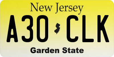 NJ license plate A30CLK