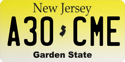 NJ license plate A30CME