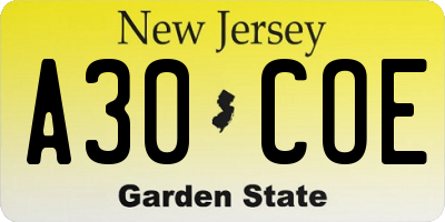 NJ license plate A30COE