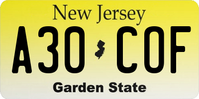 NJ license plate A30COF