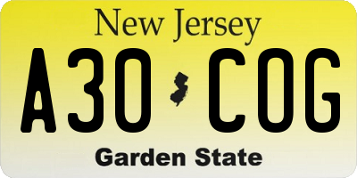 NJ license plate A30COG