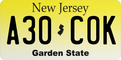 NJ license plate A30COK