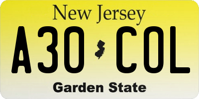 NJ license plate A30COL