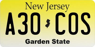NJ license plate A30COS