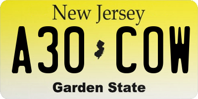 NJ license plate A30COW