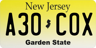 NJ license plate A30COX