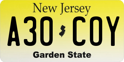 NJ license plate A30COY